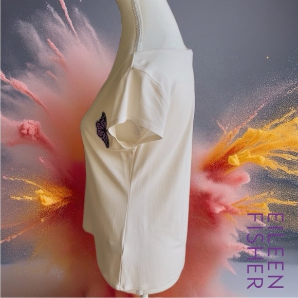 100% SILK Eileen Fisher Cream Top with Purple Butterfly Accent - Picture 6 of 10